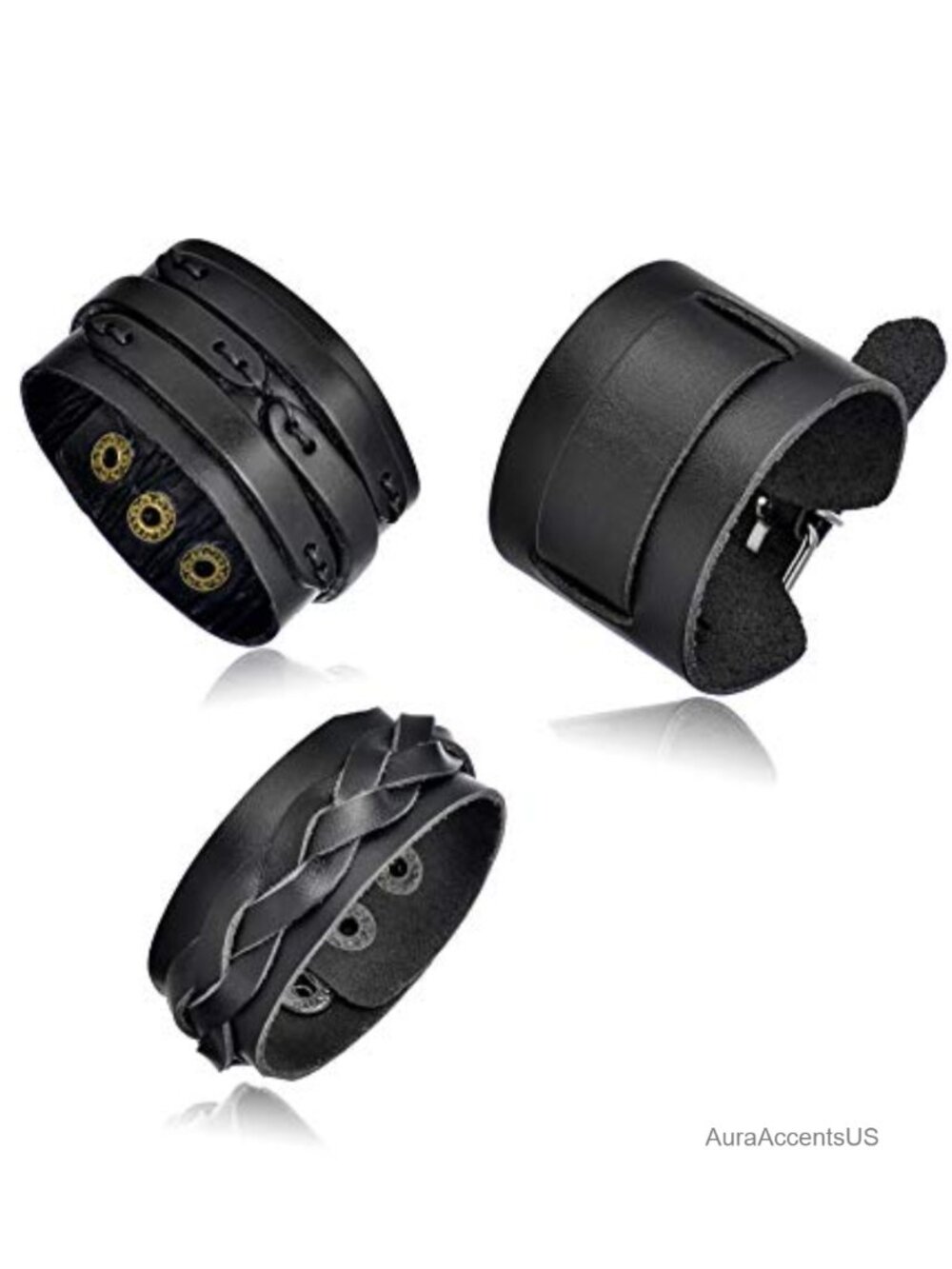 Genuine Leather Cuff Bracelet Set of 3 Adjustable Punk Biker